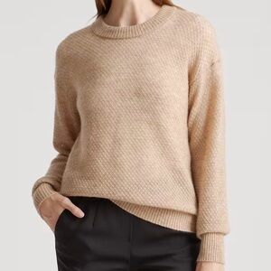 Quince large baby alpaca wool diamond stitch crewneck sweater camel tan women